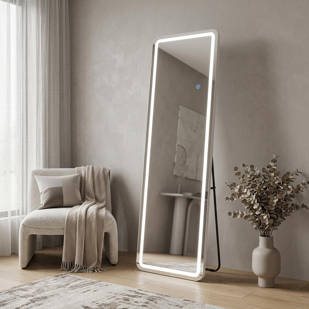 Homeroots 60 Silver Lighted Freestanding And Wall Mounted Framed Full Length Mirror 15.70 In. X 59.80 In. X 0.80 In.