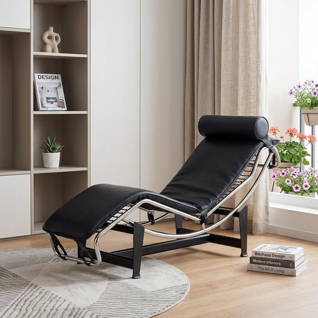 Homeroots 61 Black And Silver Leather And Metal Adjustable Lounge Chair With Pillow 60.63 In. X 24.41 In. X 22.05 In.