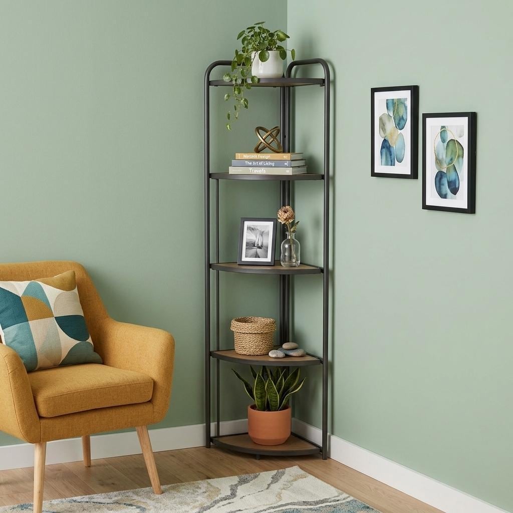 Homeroots 62 Black And Brown Metal And Wood Five Tier Corner Bookcase