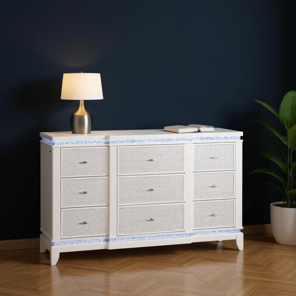 Homeroots 62 White Faux Crystal Glitter Wood Lighted Nine Drawer Triple Dresser