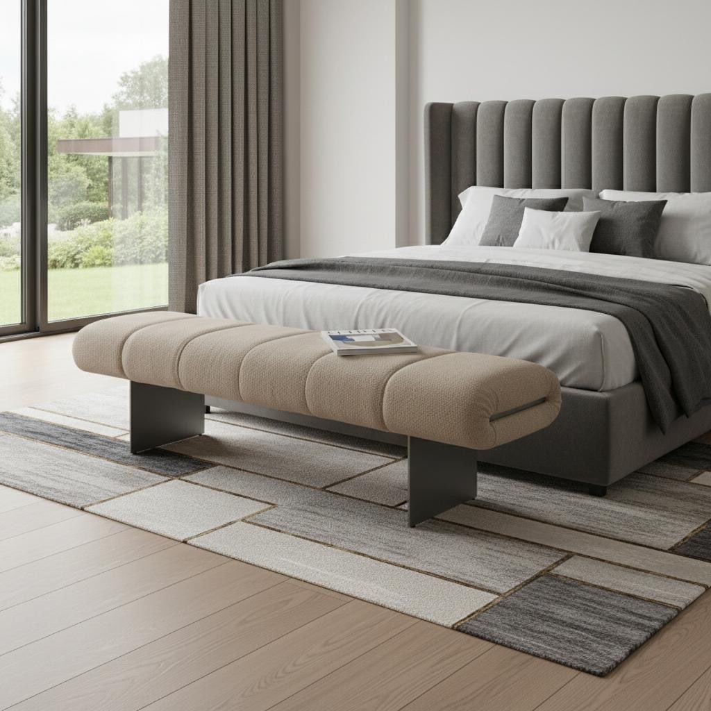 Homeroots 63 Beige And Nickel Boucle And Steel Upholstered Bench 63.00 In. X 17.00 In. X 19.00 In.