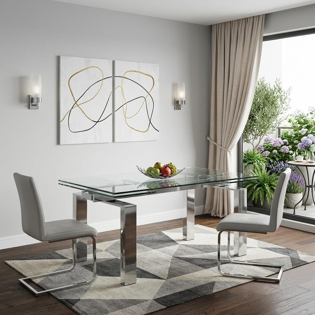 Homeroots 63 Clear And Silver Glass And Stainless Steel Self Storing Leaf Dining Table 63.00 In. X 30.00 In. X 35.00 In.