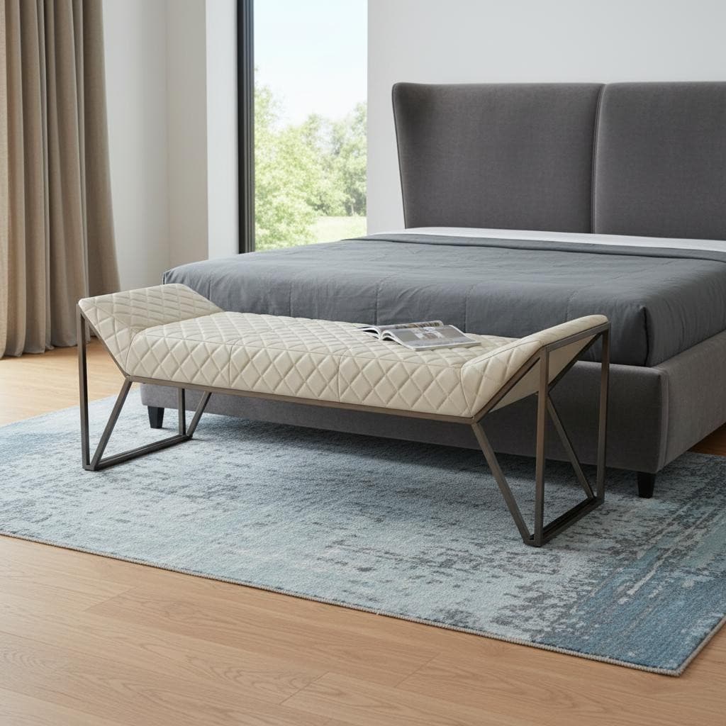 Homeroots 63 Cream And Gray Quilted Faux Leather And Steel Upholstered Bench 63.00 In. X 21.00 In. X 20.00 In.