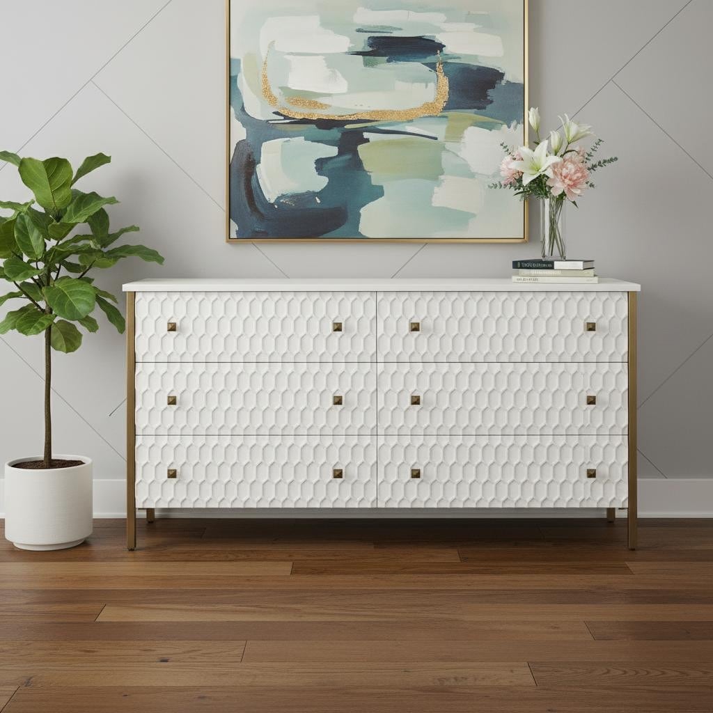 Homeroots 63 Gold And White Wood Carved Geometric Six Drawer Sideboard 62.60 In. X 31.50 In. X 15.75 In.