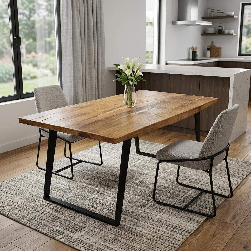 Homeroots 63 Natural And Black Solid Wood And Iron Sled Base Dining Table 63.00 In. X 30.00 In. X 36.00 In.
