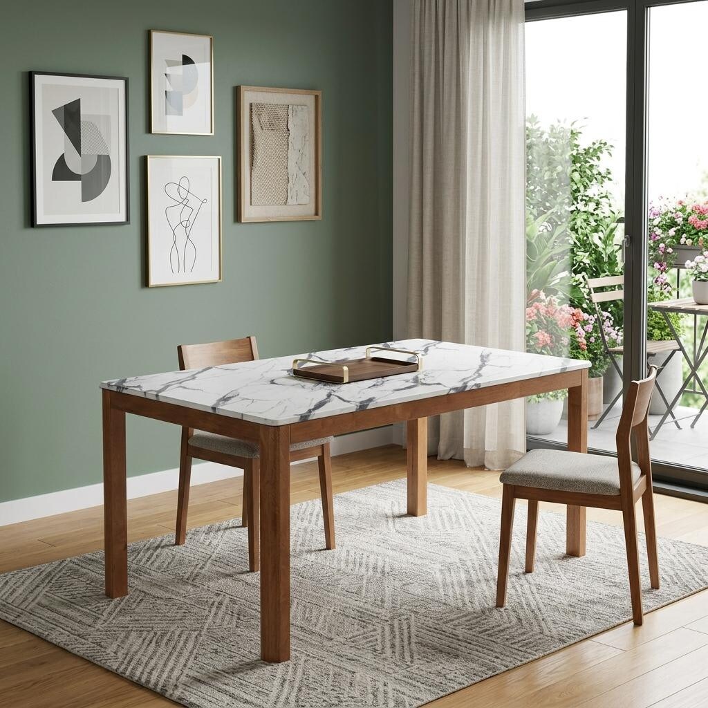 Homeroots 63 White And Natural Faux Marble And Solid Wood Dining Table 63.00 In. X 30.10 In. X 36.00 In.