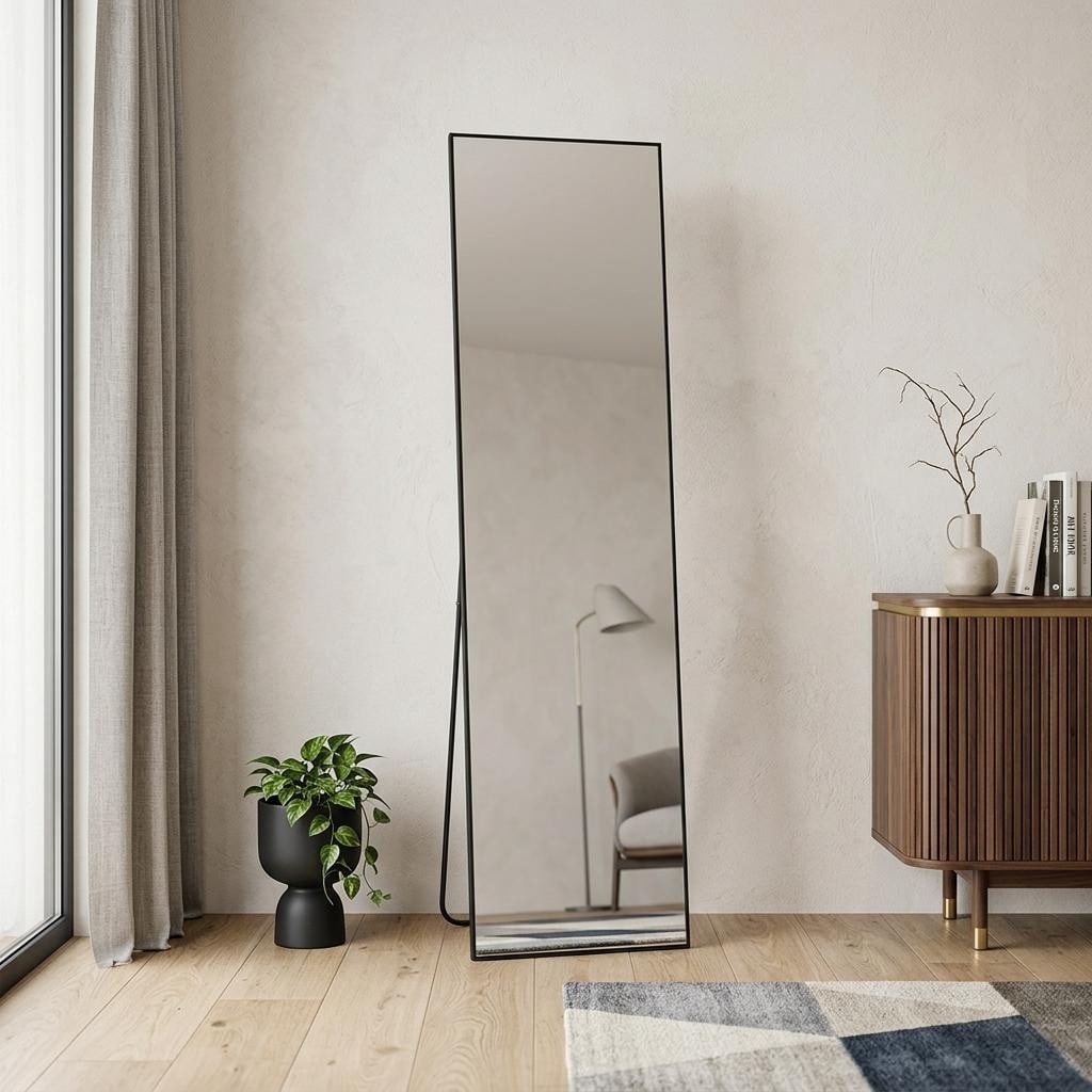 Homeroots 64 Black Aluminum Freestanding And Wall Mounted Framed Full Length Mirror 23.43 In. X 64.37 In. X 0.55 In.