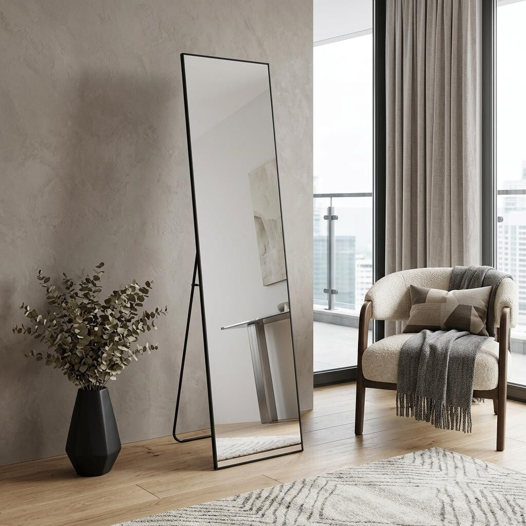 Homeroots 64 Black Aluminum Freestanding And Wall Mounted Framed Full Length Mirror 21.00 In. X 64.00 In. X 0.50 In.