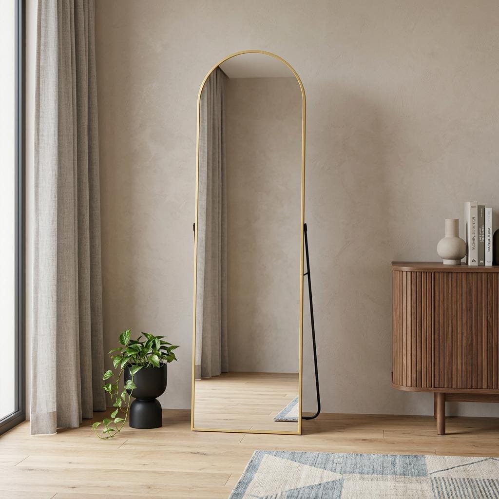 Homeroots 64 Gold Aluminum Arch Freestanding And Wall Mounted Framed Full Length Mirror 21.00 In. X 64.00 In. X 0.50 In.
