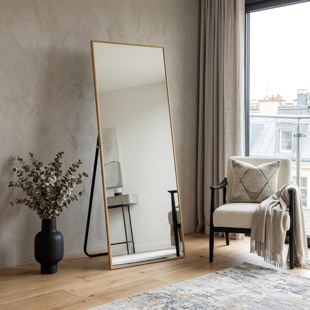 Homeroots 64 Gold Aluminum Freestanding And Wall Mounted Framed Full Length Mirror 21.00 In. X 64.00 In. X 0.50 In.
