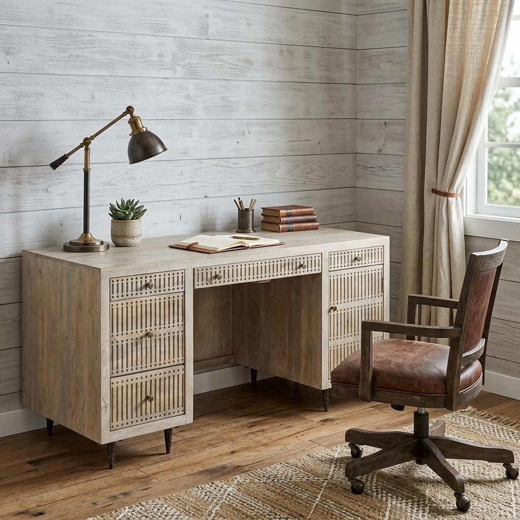 Homeroots 64 Ivory And Silver Solid Wood Executive Desk With Five Drawers