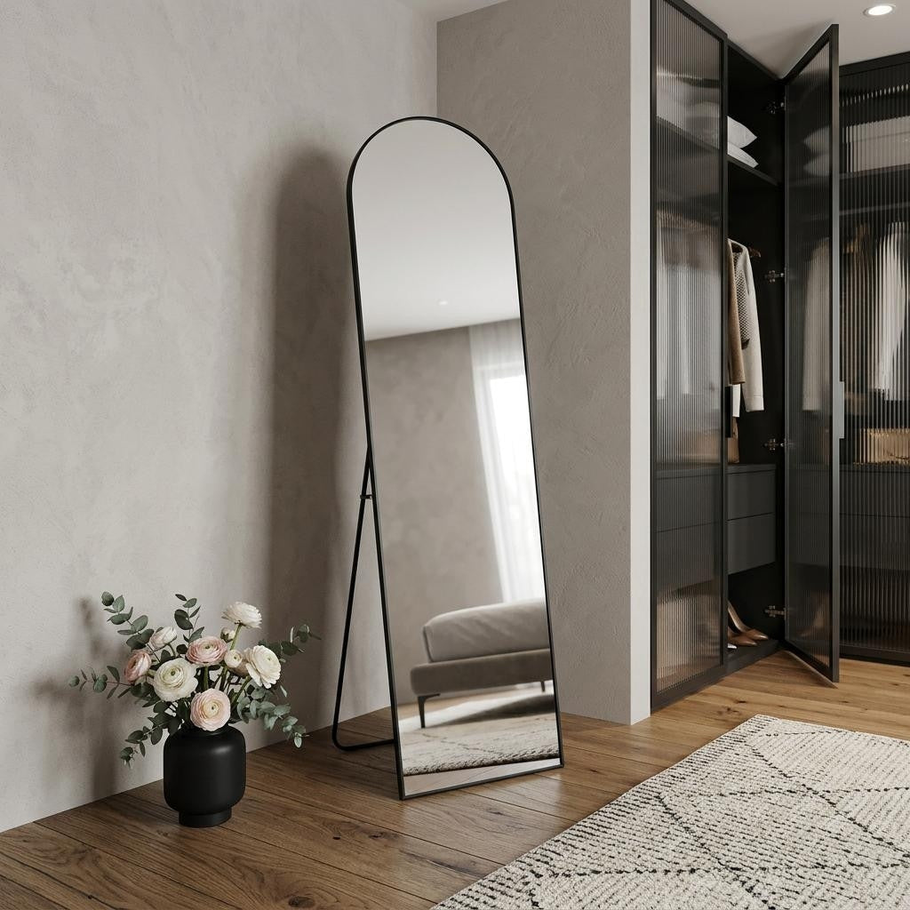 Homeroots 66 Black Aluminum Arch Freestanding And Wall Mounted Framed Full Length Mirror 25.39 In. X 66.39 In. X 0.55 In.