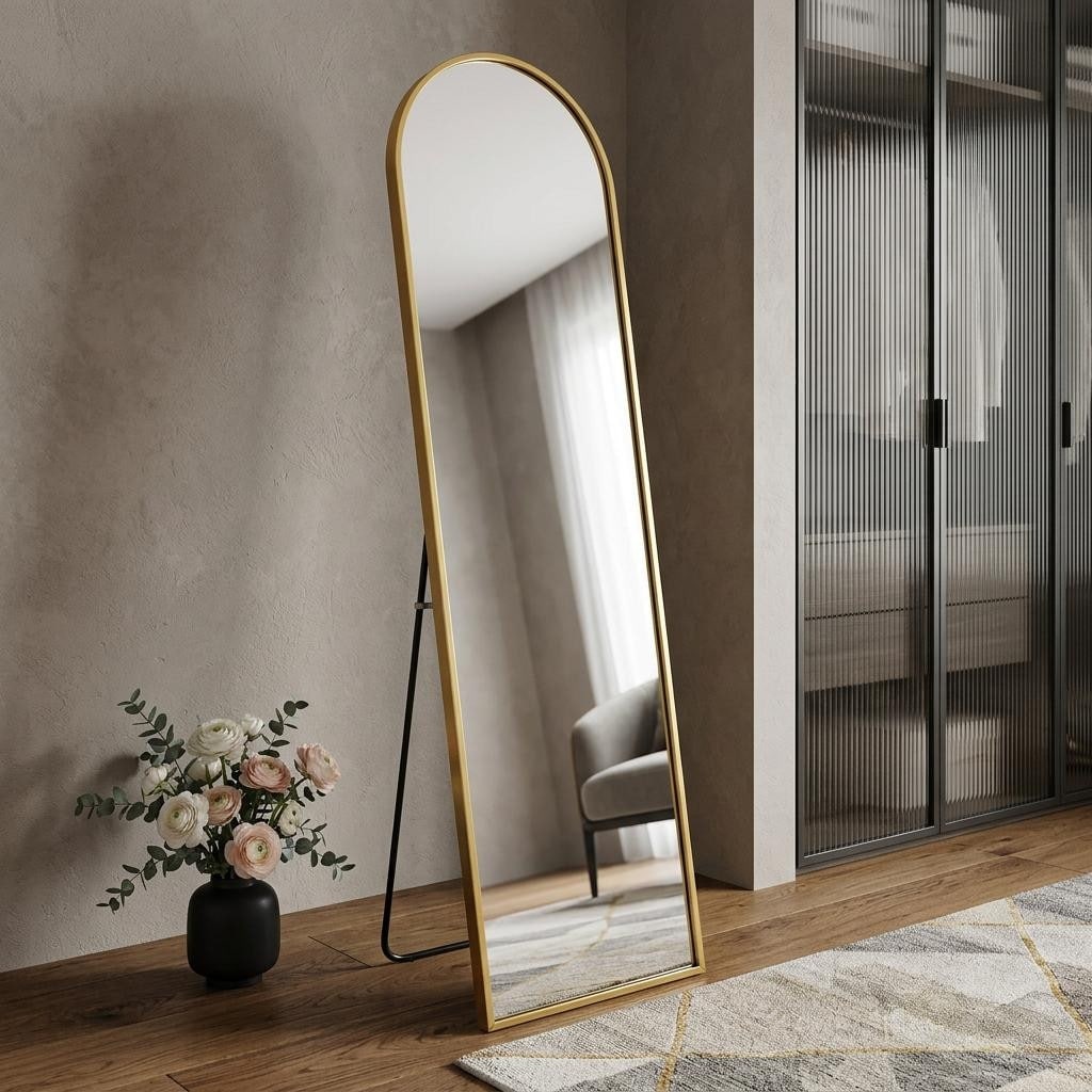 Homeroots 66 Gold Aluminum Arch Wall Mounted And Freestanding Framed Full Length Mirror 25.39 In. X 66.39 In. X 0.55 In.