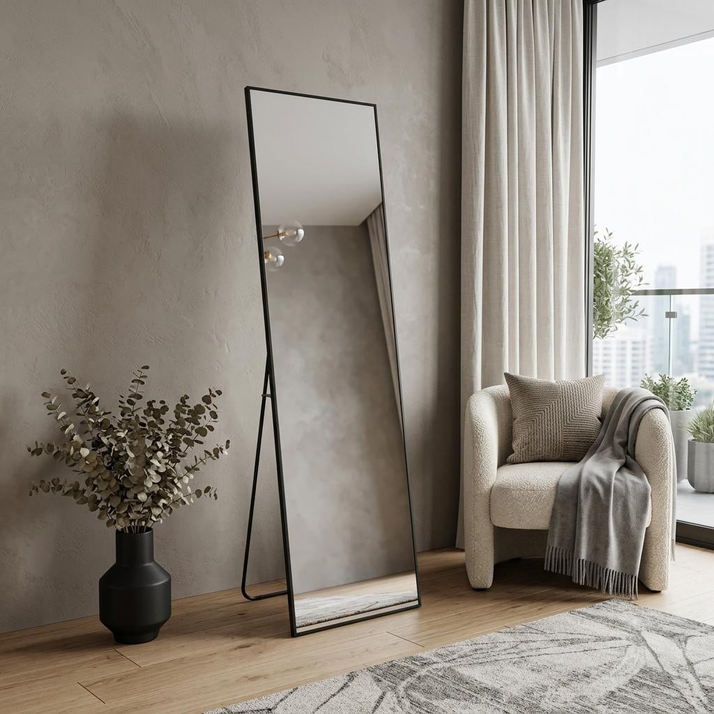 Homeroots 67 Black Aluminum Freestanding And Wall Mounted Framed Full Length Mirror 25.39 In. X 66.93 In. X 0.55 In.
