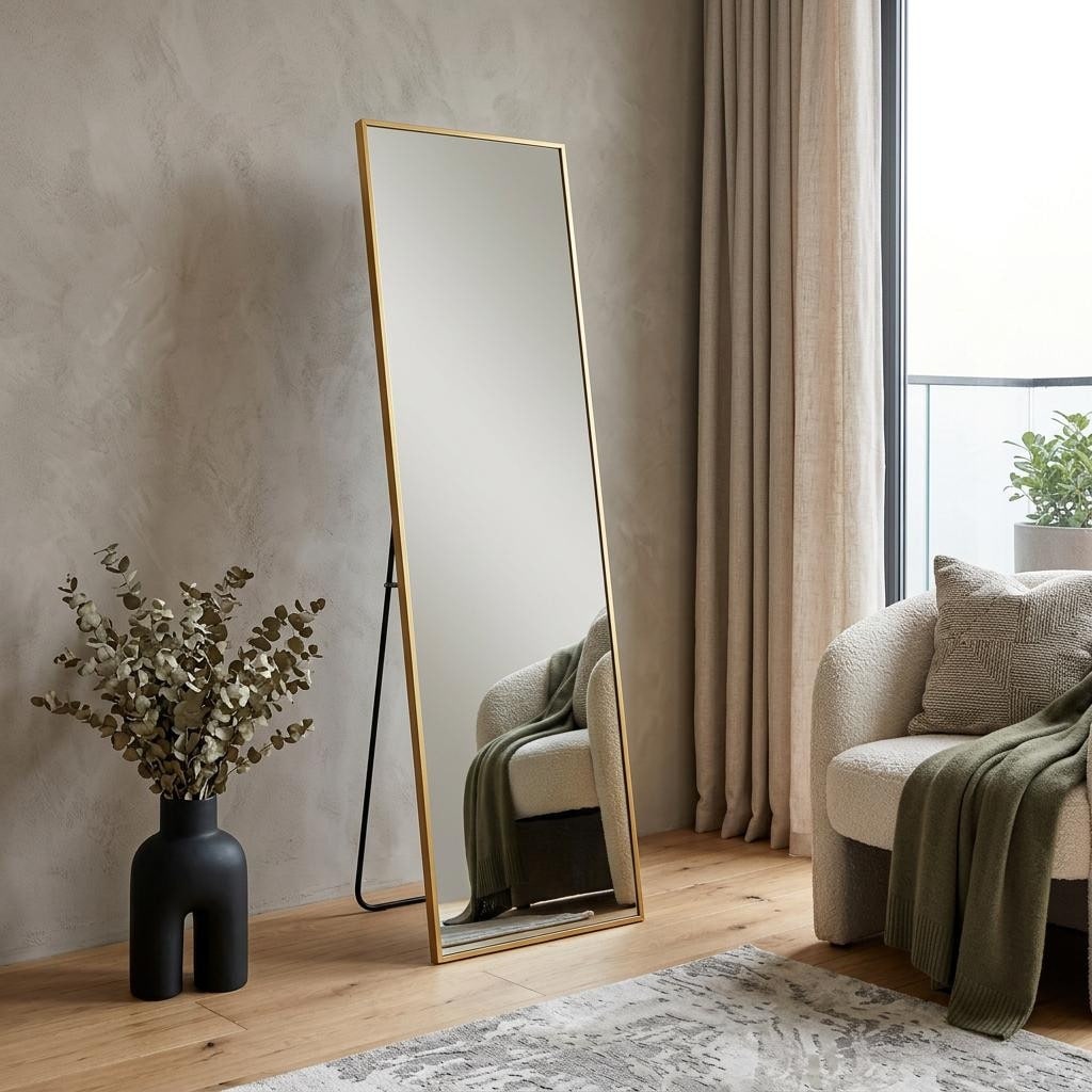 Homeroots 67 Gold Aluminum Freestanding And Wall Mounted Framed Full Length Mirror 25.39 In. X 66.93 In. X 0.55 In.