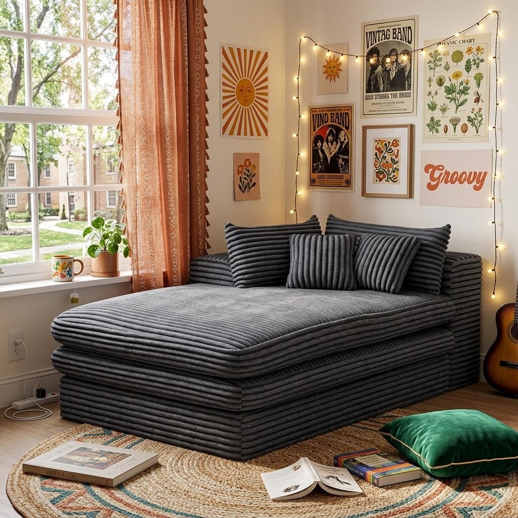 Homeroots 67 Gray Corduroy Left Hand Facing Chaise Lounge Chair 66.90 In. X 29.50 In. X 39.40 In.