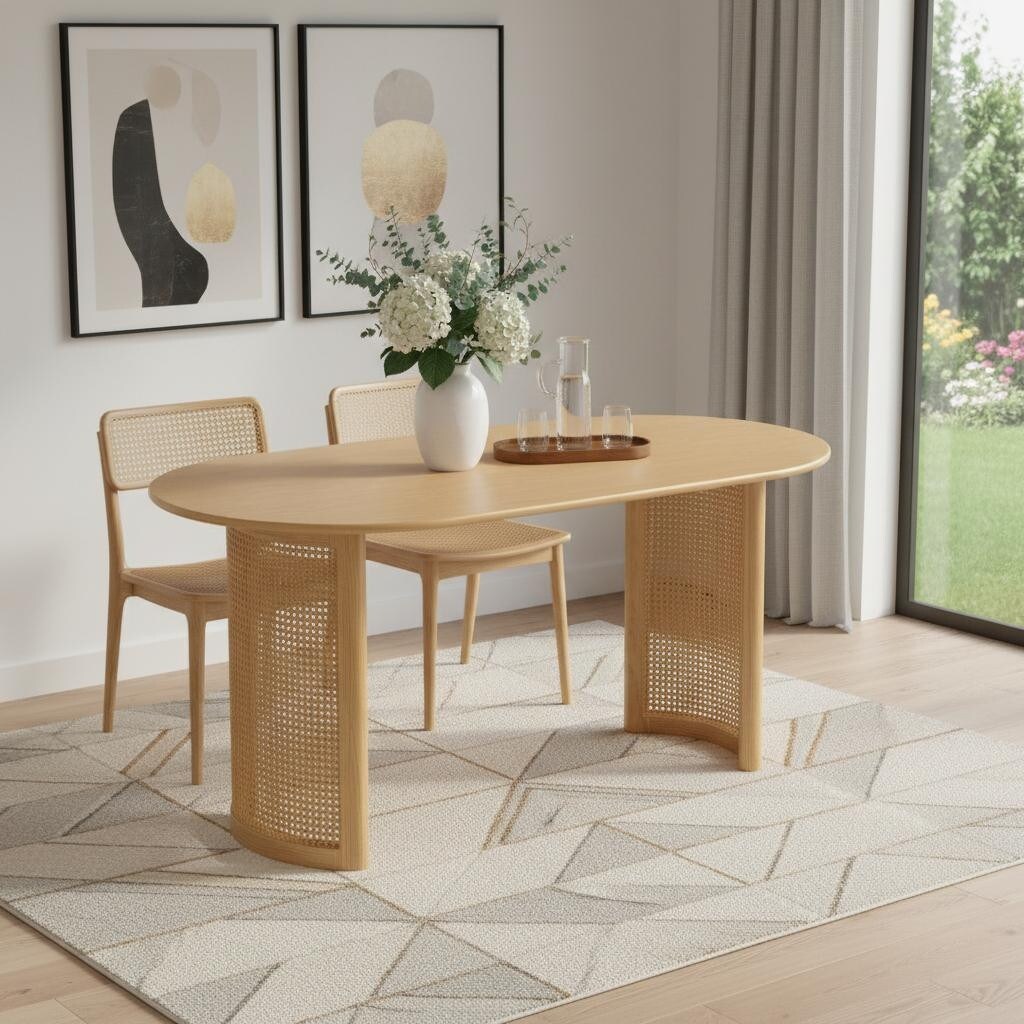 Homeroots 67 Natural Solid Wood With Rattan Double Pedestal Base Oval Dining Table 67.00 In. X 30.00 In. X 33.50 In.