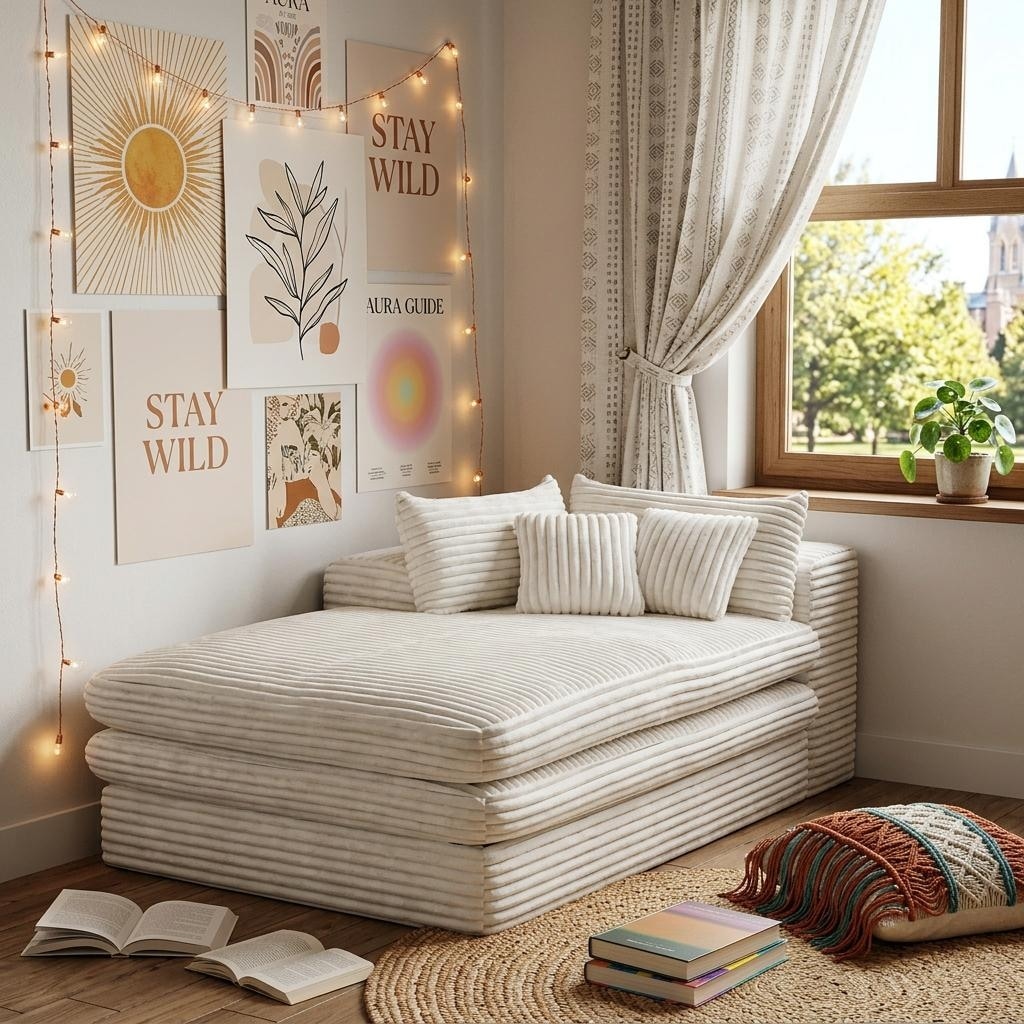 Homeroots 67 White Corduroy Left Hand Facing Chaise Lounge Chair 66.90 In. X 29.50 In. X 39.40 In.