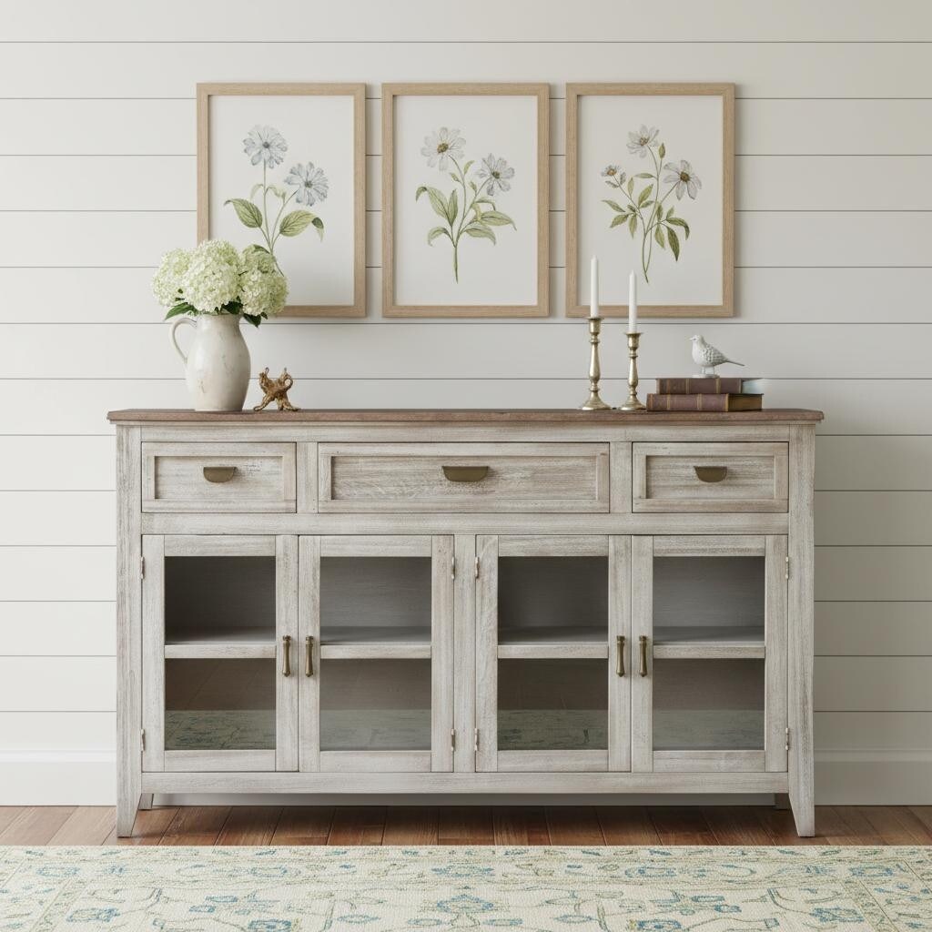 Homeroots 67 White Solid And Manufactured Wood Distressed Credenza 67.00 In. X 40.00 In. X 17.00 In.