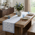 Homeroots 68 Blue And White Geometric And Floral Table Runner 68.00 In. X 14.50 In. X 0.05 In.