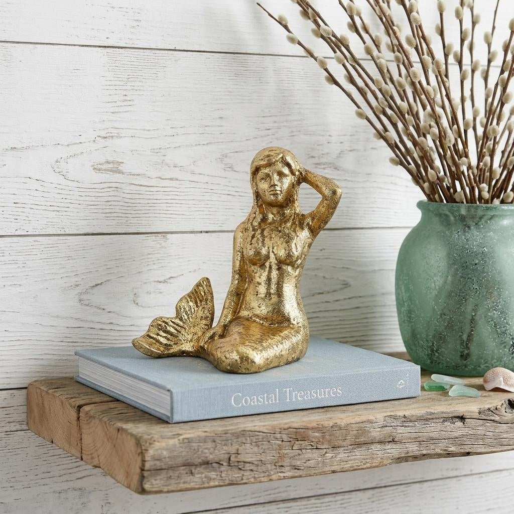 Homeroots 6 Antiqued Brass Cast Iron Mermaid Hand Painted Statue Tabletop Sculpture 7.00 In. X 6.25 In. X 4.50 In.
