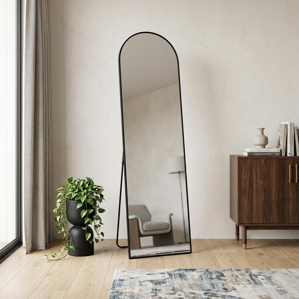 Homeroots 70 Black Aluminum Arch Freestanding And Wall Mounted Framed Full Length Mirror 25.50 In. X 70.40 In. X 0.70 In.