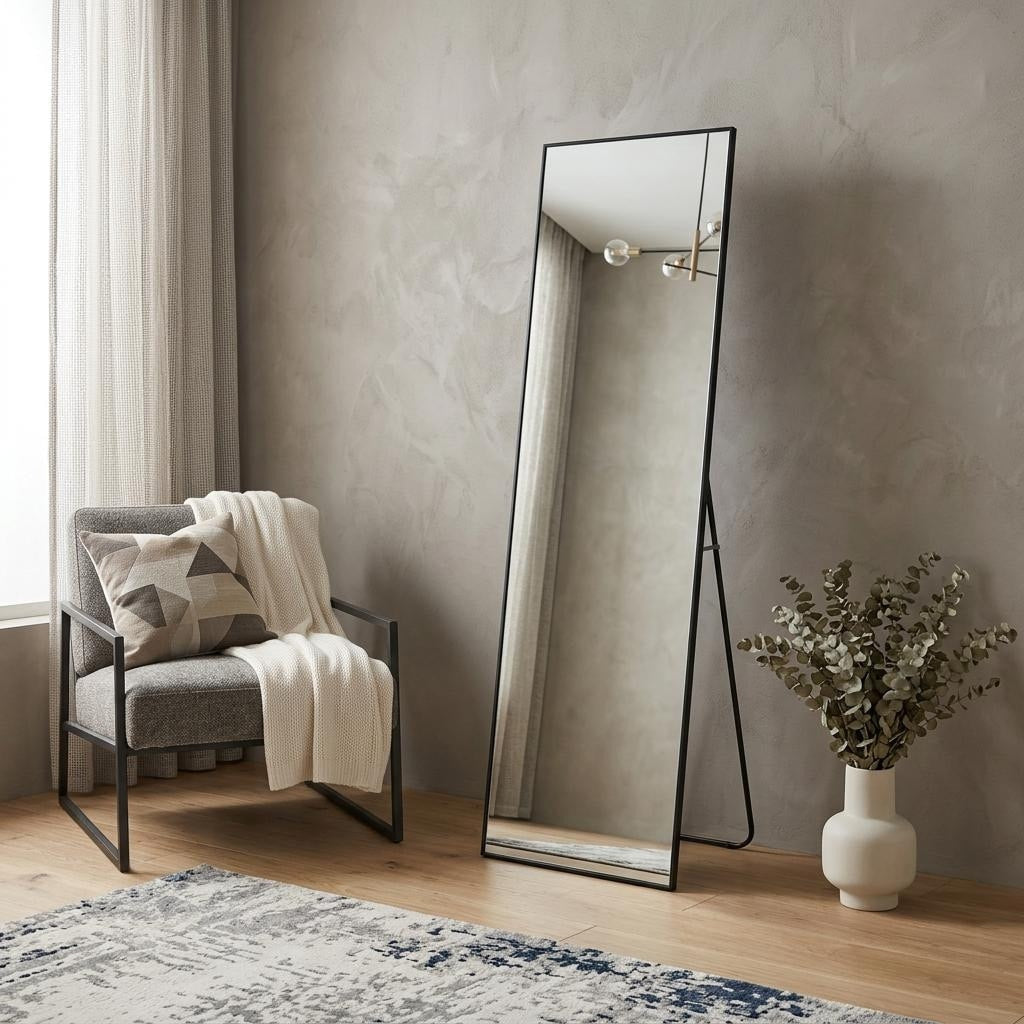 Homeroots 70 Black Aluminum Freestanding And Wall Mounted Framed Full Length Mirror 25.50 In. X 70.40 In. X 0.70 In.