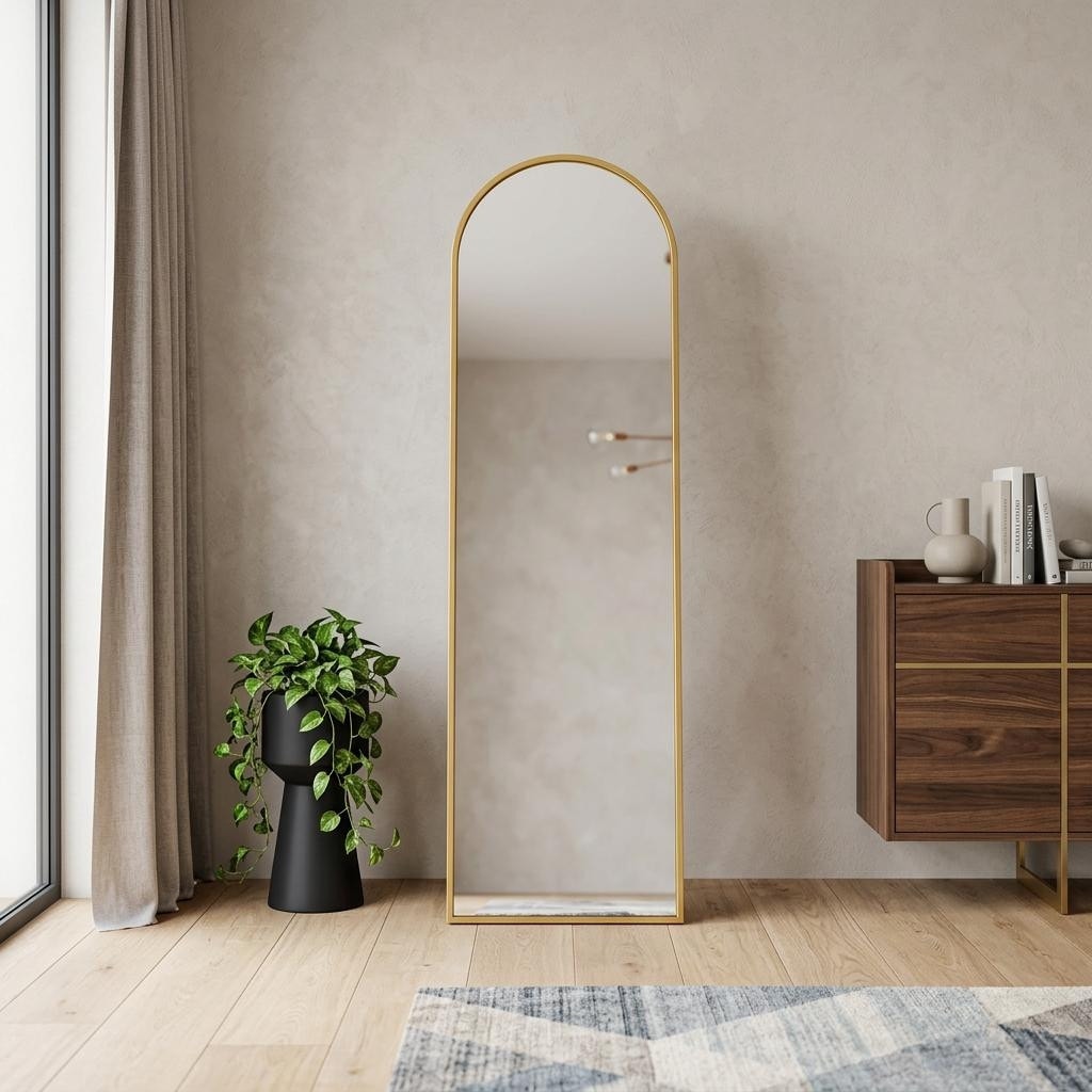 Homeroots 70 Gold Aluminum Arch Freestanding And Wall Mounted Framed Full Length Mirror 25.50 In. X 70.40 In. X 0.70 In.
