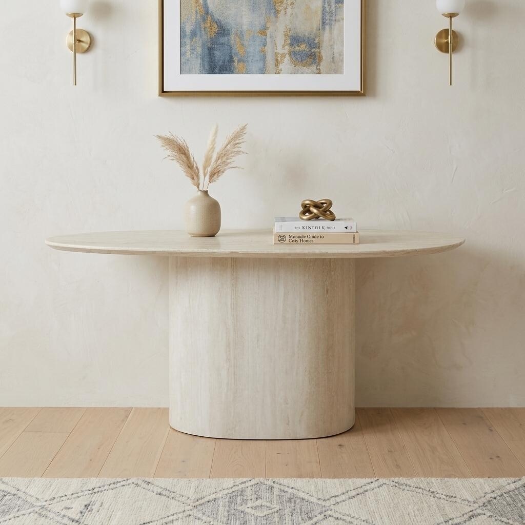 Homeroots 71 Beige Genuine Marble Oval Pedestal Console Table 71.00 In. X 32.00 In. X 18.00 In.