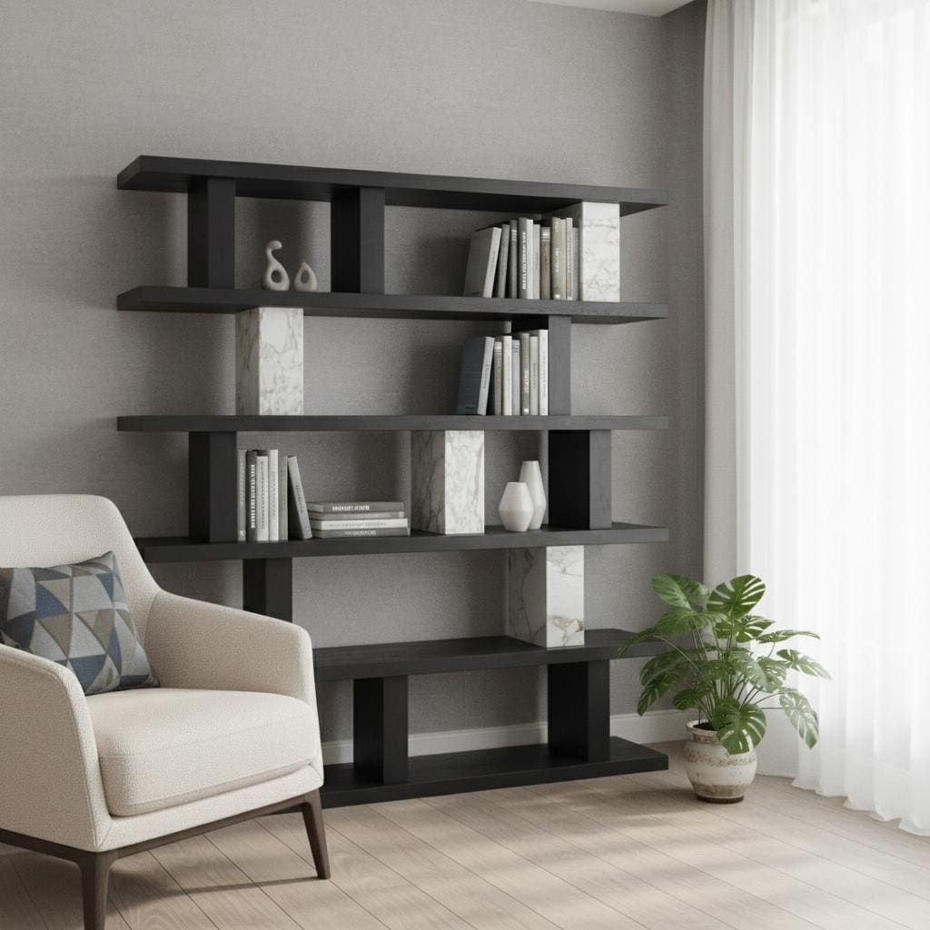 Homeroots 71 Black And White Wood And Faux Marble Five Tier Geometric Bookcase