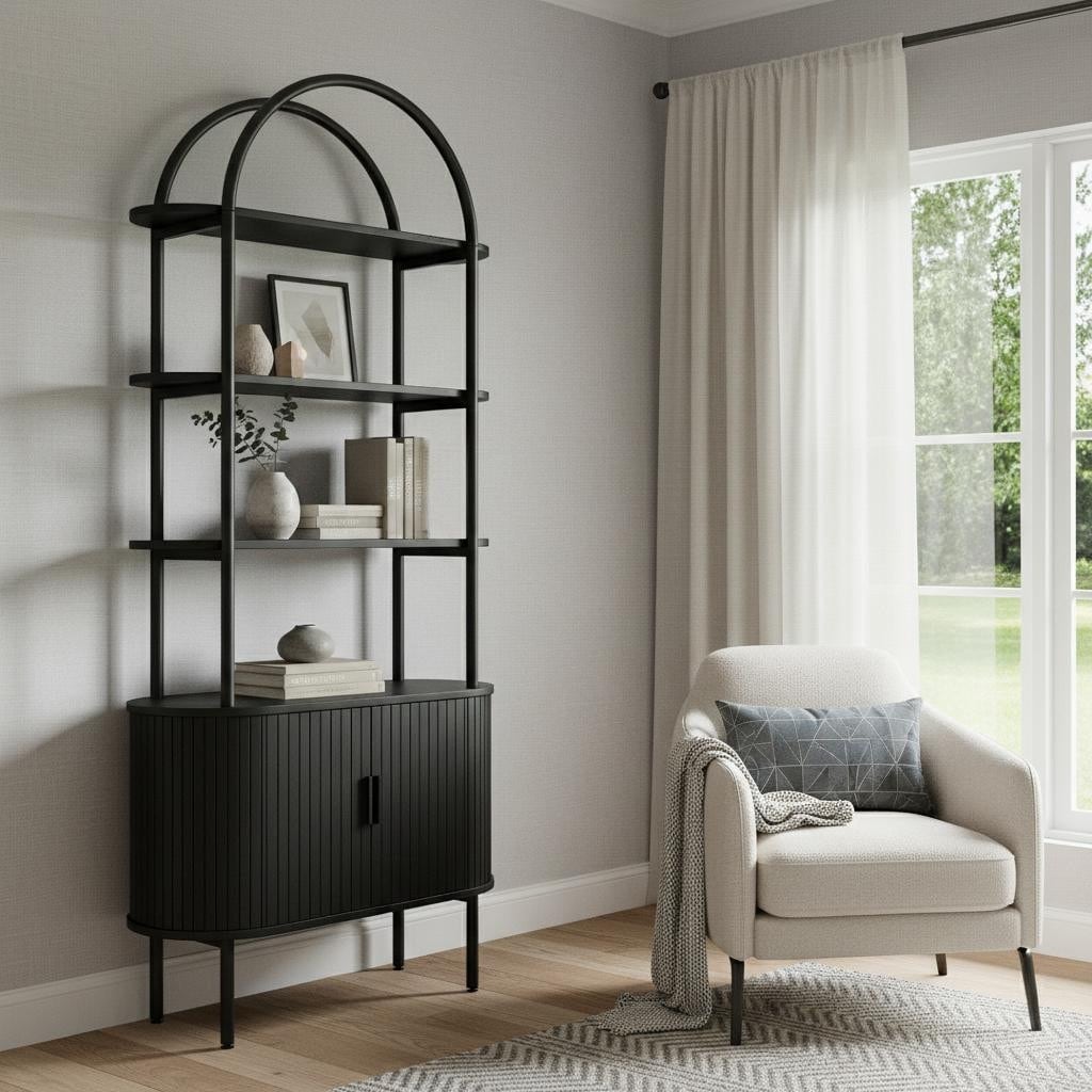 Homeroots 71 Black Wood Four Tier Arched Etagere Bookcase With Two Doors