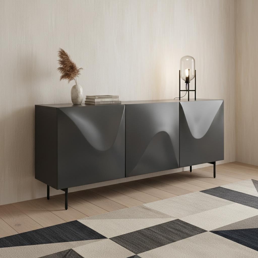 Homeroots 71 Dark Gray Wood Carved Abstract Sideboard With Three Doors 71.00 In. X 30.00 In. X 20.00 In.