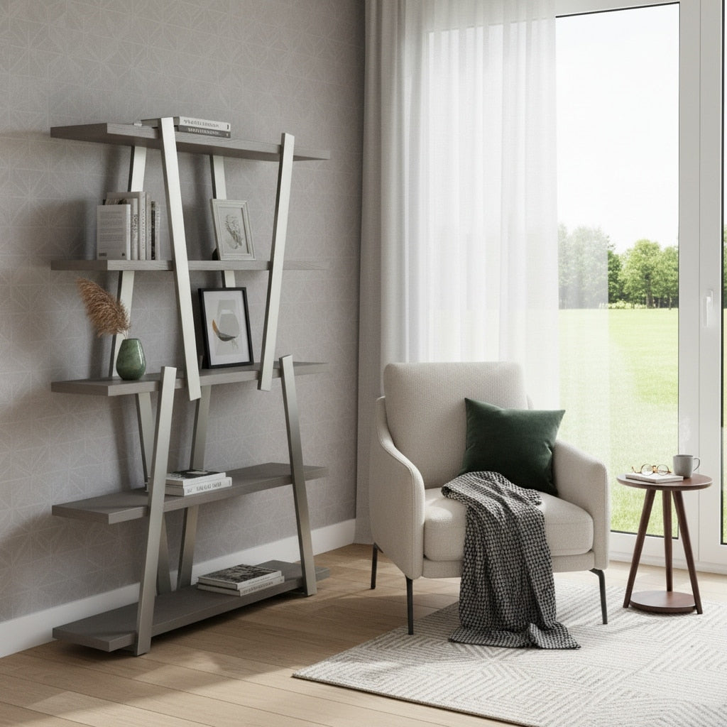 Homeroots 71 Gray And Silver Stainless Steel And Wood Four Tier Geometric Bookcase