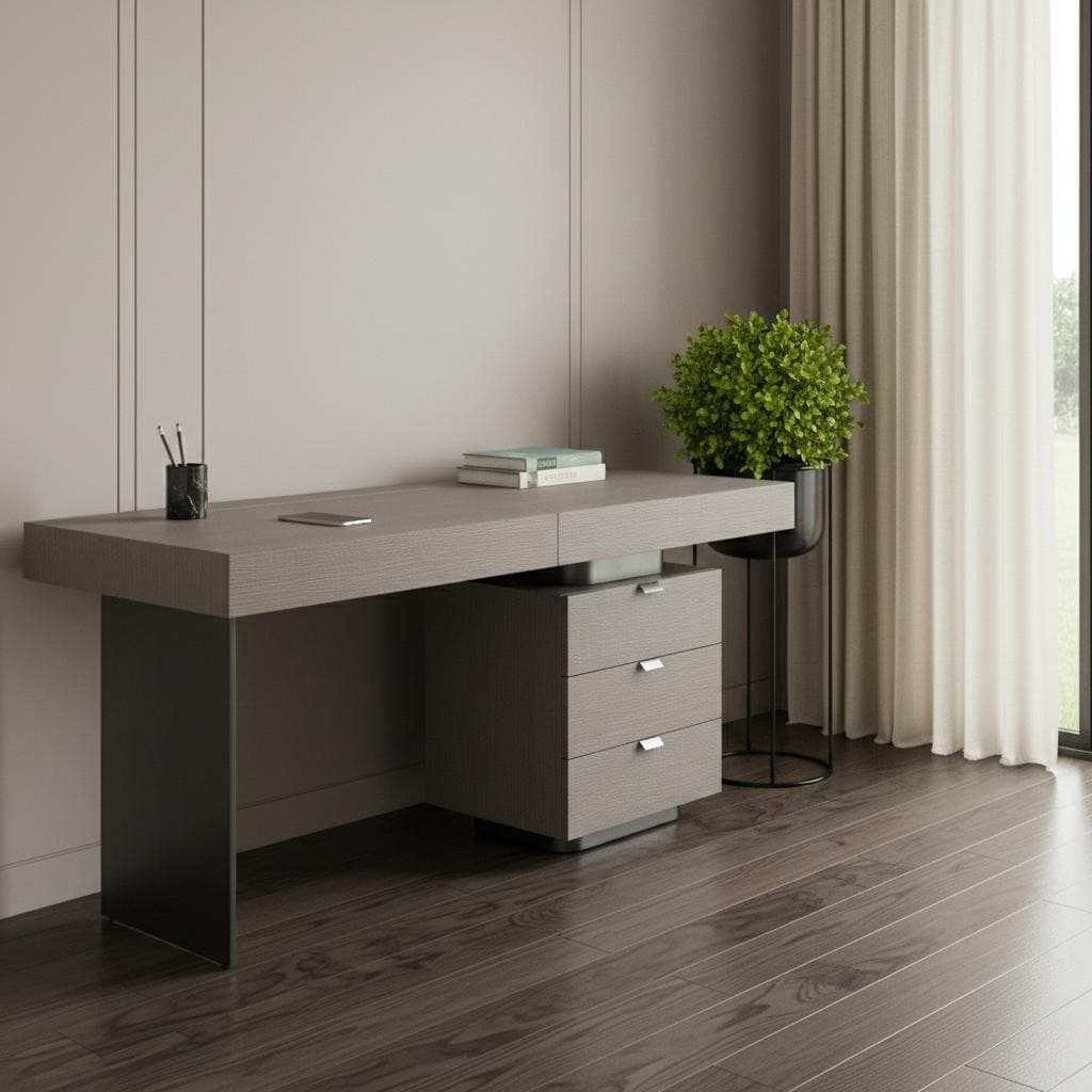 Homeroots 71 Gray Wood And Stainless Steel Computer Desk With Five Drawers