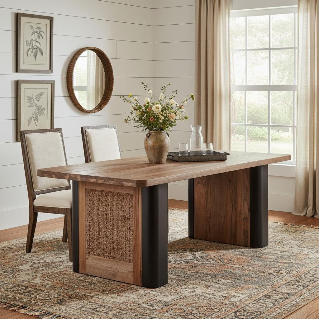 Homeroots 71 Natural And Black Reclaimed Wood And Rattan Dining Table 70.80 In. X 30.70 In. X 39.40 In.