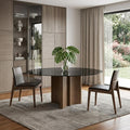 Homeroots 71 Smoky Black And Brown Rounded Glass And Solid Manufactured Wood Pedestal Base Dining Table