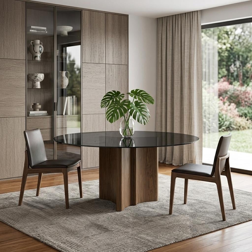 Homeroots 71 Smoky Black And Brown Rounded Glass And Solid Manufactured Wood Pedestal Base Dining Table