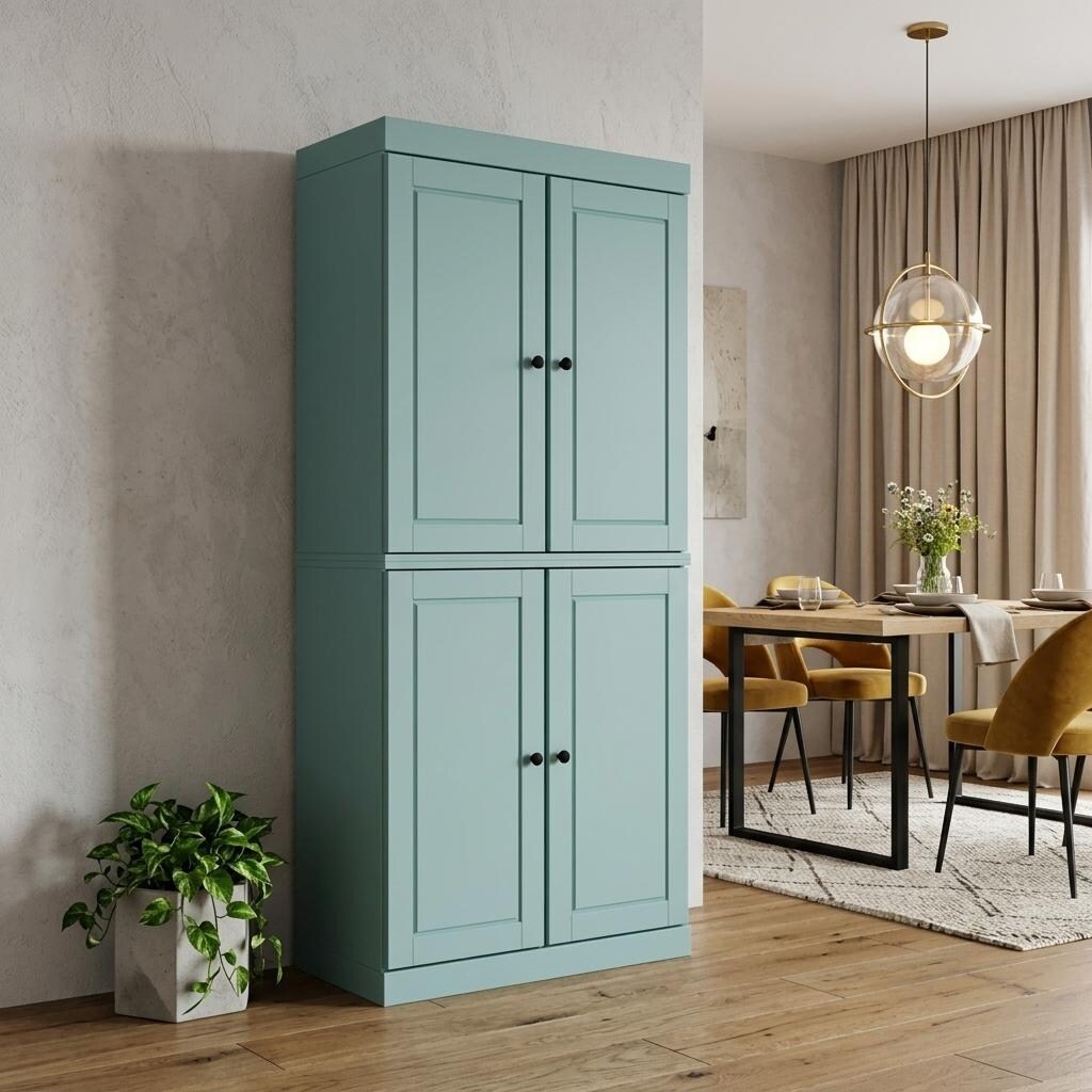 Homeroots 72 Aqua Solid Wood Four Door Pantry Or Storage Closet 32.00 In. X 71.50 In. X 15.50 In.