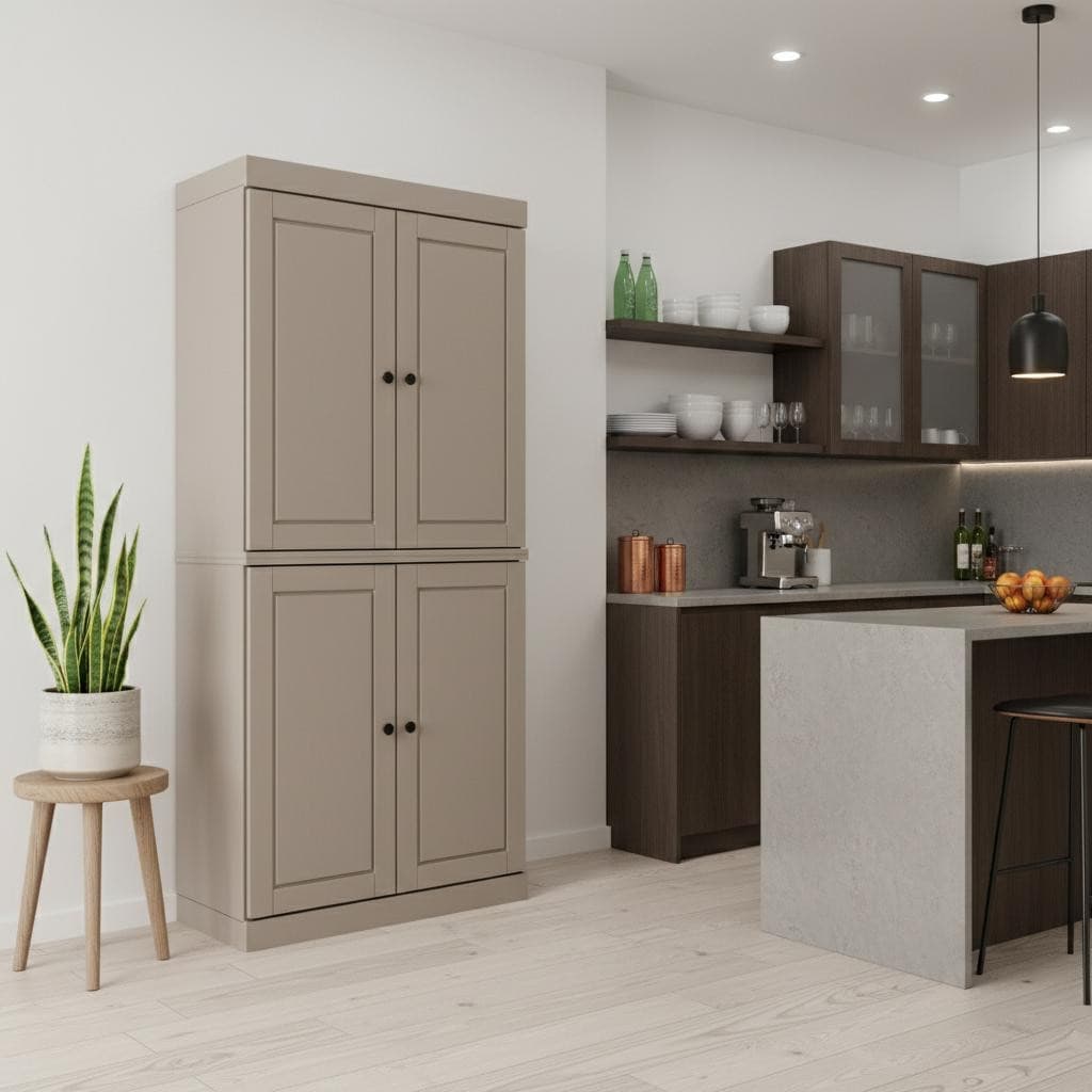 Homeroots 72 Beige Solid Wood Four Door Two Drawer Pantry Or Storage Closet 32.00 In. X 71.50 In. X 15.50 In.