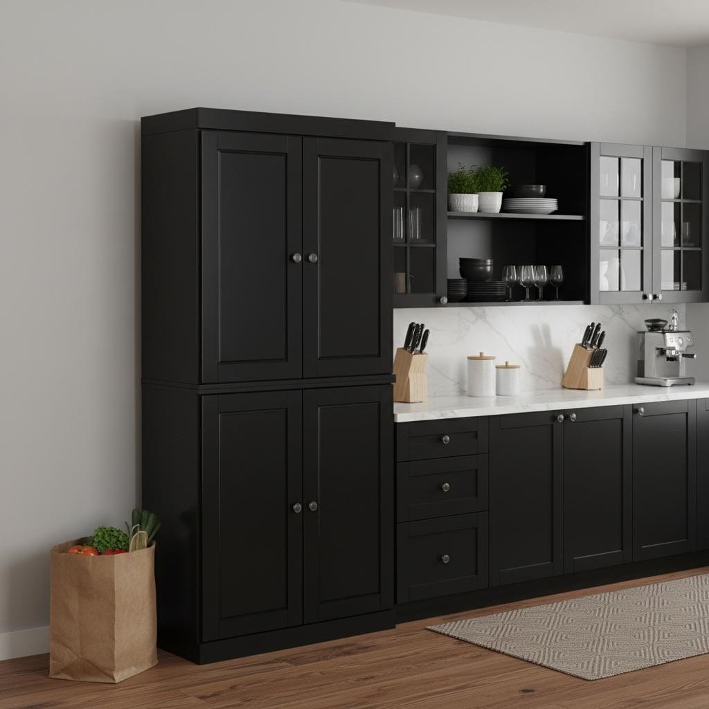 Homeroots 72 Black Solid Wood Four Door Two Drawer Pantry Or Storage Closet 32.00 In. X 71.50 In. X 15.50 In.