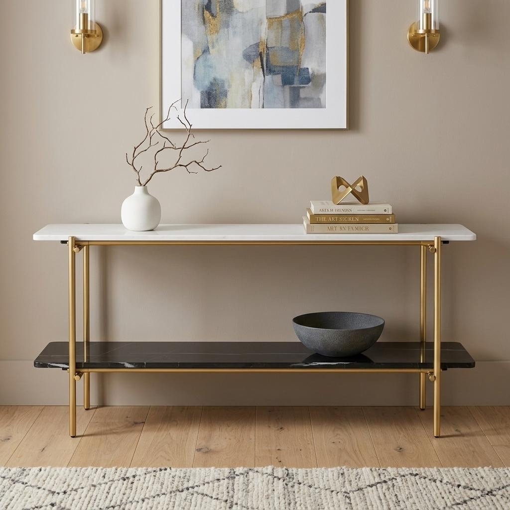 Homeroots 72 Black White And Gold Genuine Marble And Metal Console Table With Shelf 72.00 In. X 27.00 In. X 16.00 In.