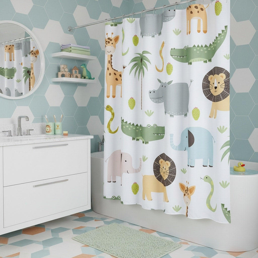 Homeroots 72 Blue Green And White Youthful Animal Print Shower Curtain
