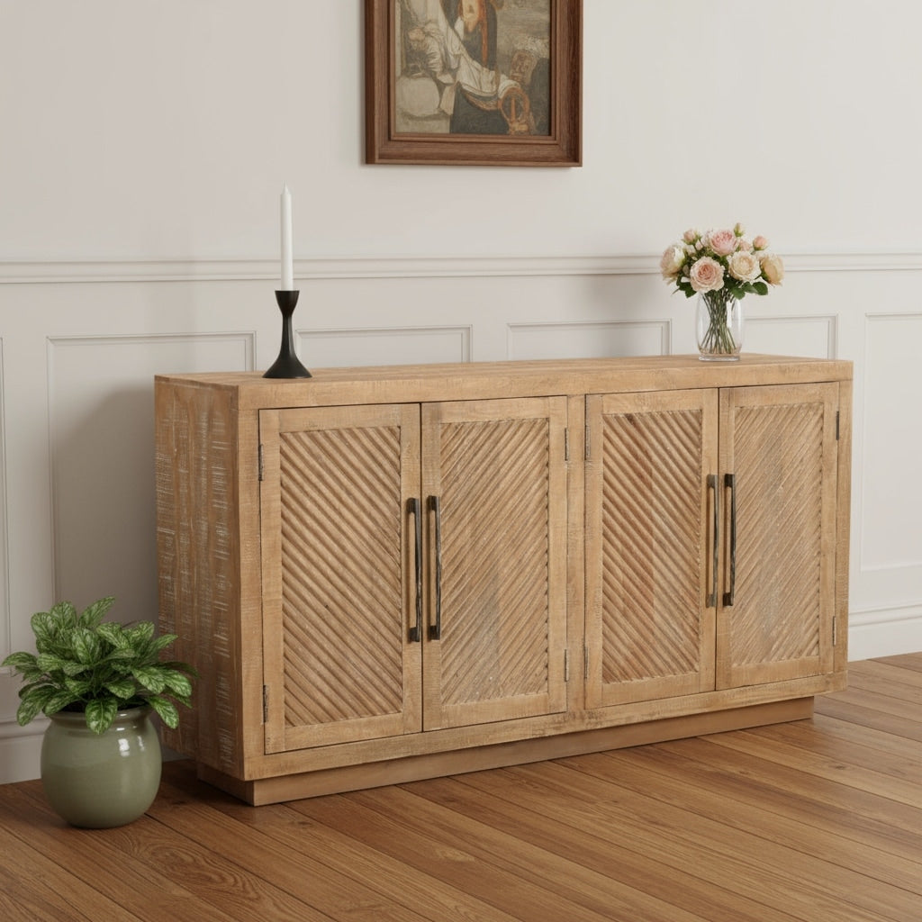 Homeroots 72 Natural Distressed Solid Wood Carved Geometric Sideboard With Four Doors 72.00 In. X 37.00 In. X 15.00 In.