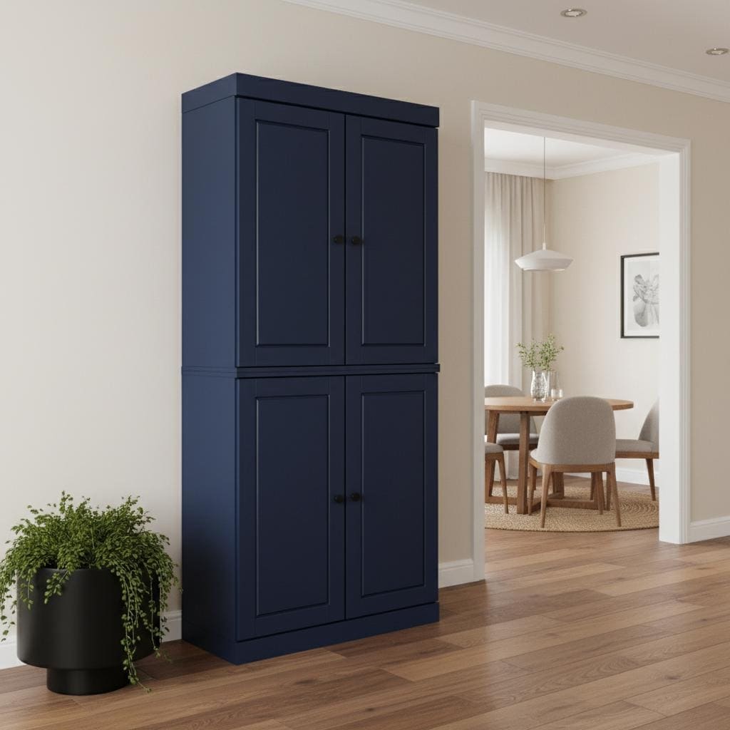 Homeroots 72 Navy Blue Solid Wood Four Door Two Drawer Pantry Or Storage Closet 32.00 In. X 71.50 In. X 15.50 In.