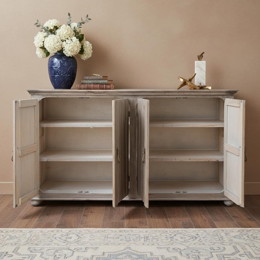 Homeroots 72 Sand Solid And Manufactured Wood Distressed Credenza 71.75 In. X 43.00 In. X 18.75 In.
