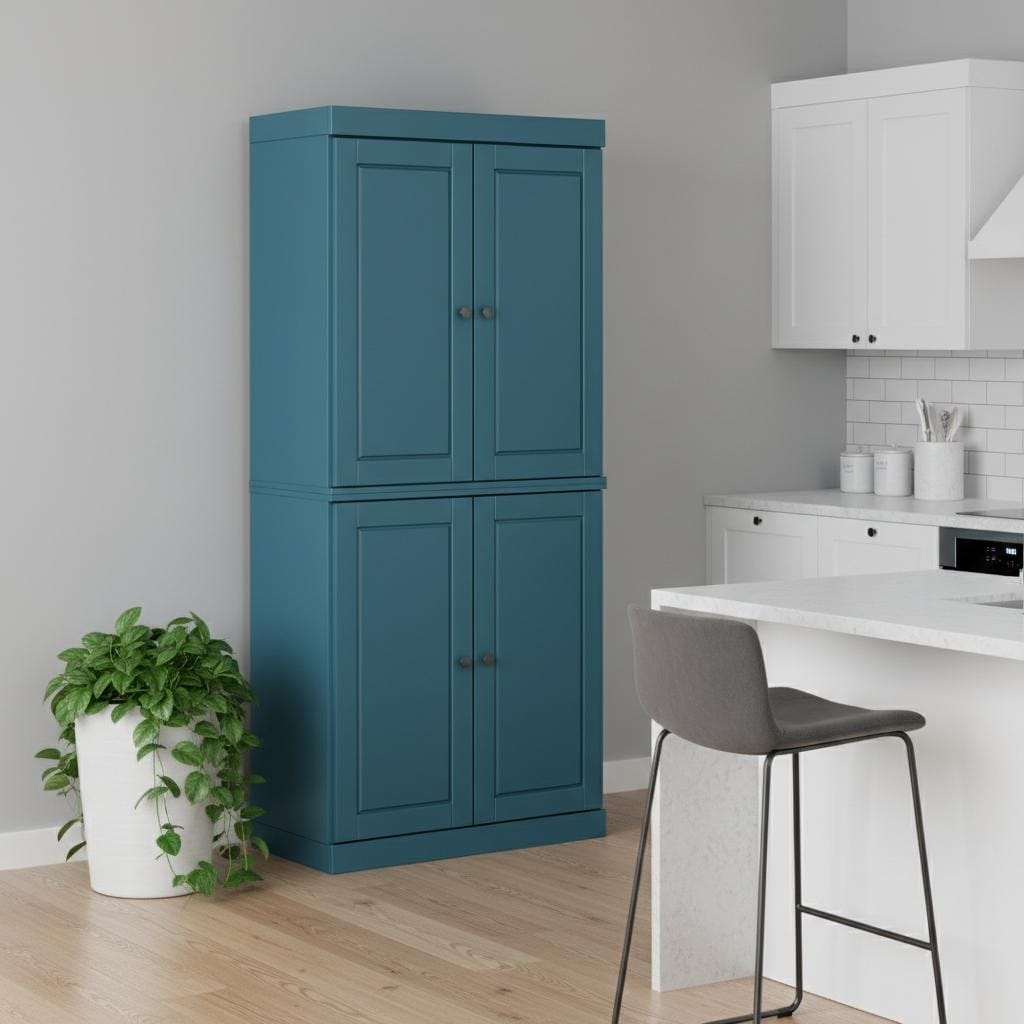 Homeroots 72 Teal Blue Solid Wood Four Door Pantry Or Storage Closet 32.00 In. X 71.50 In. X 15.50 In.