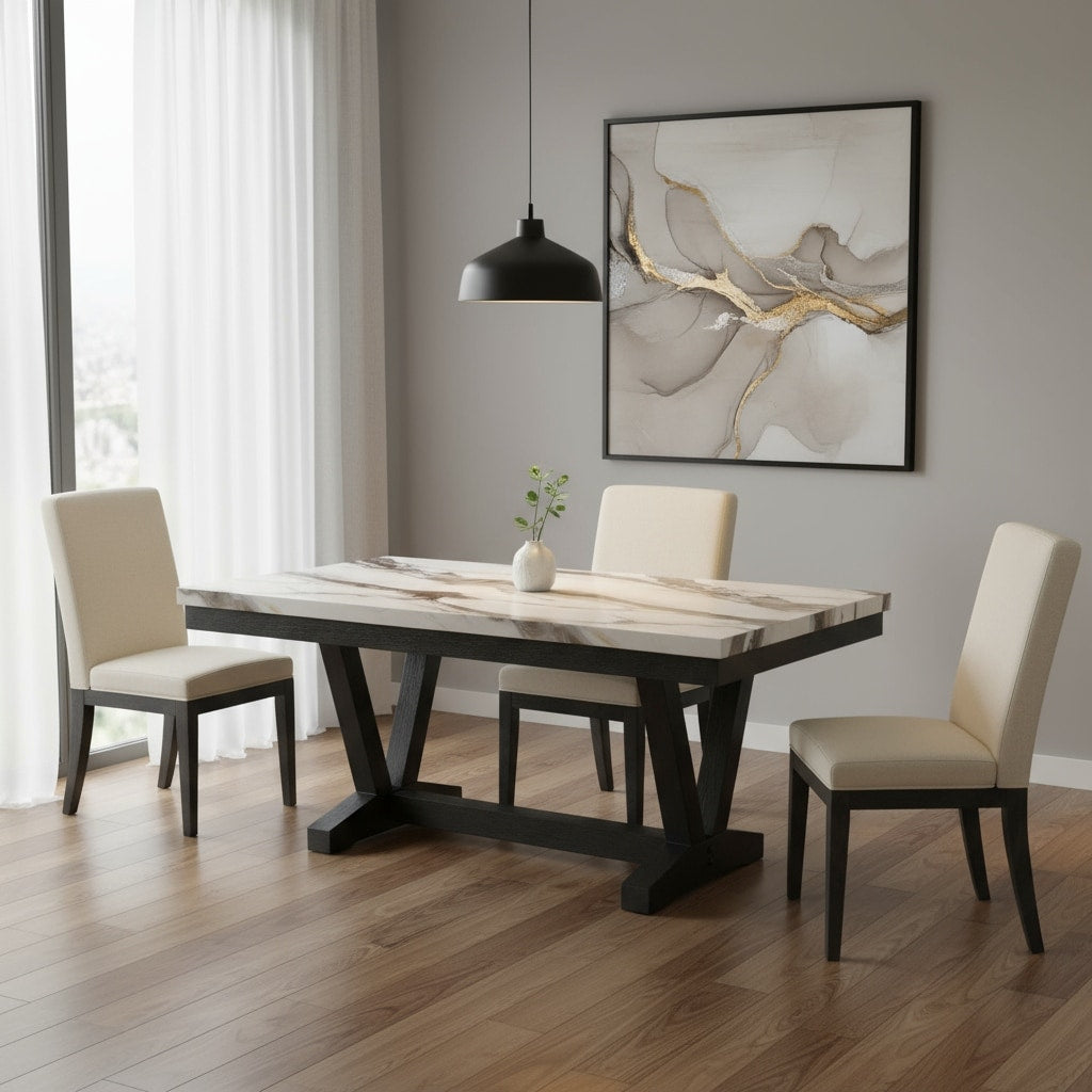 Homeroots 72 White And Black Faux Marble And Wood Trestle Base Dining Table 72.00 In. X 31.00 In. X 42.00 In.