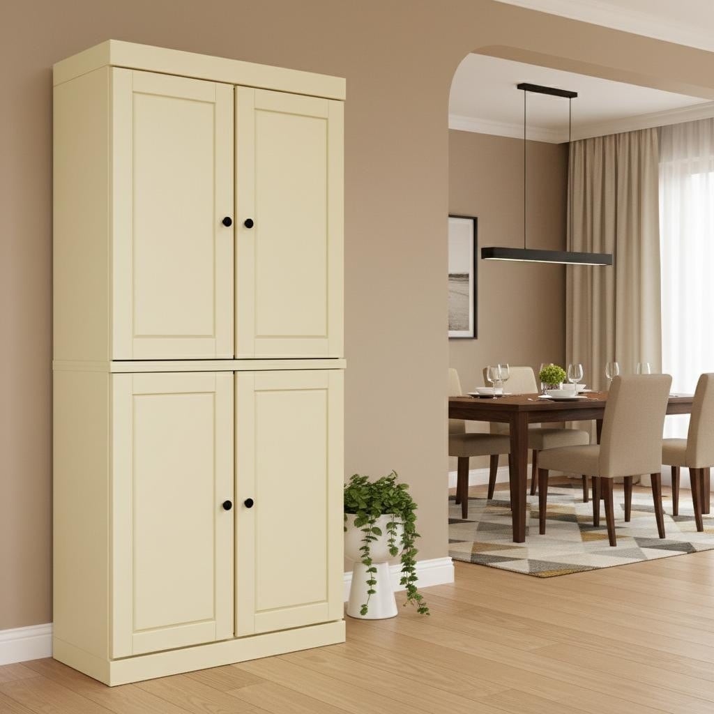 Homeroots 72 Yellow Solid Wood Four Door Two Drawer Pantry Or Storage Closet 32.00 In. X 71.50 In. X 15.50 In.