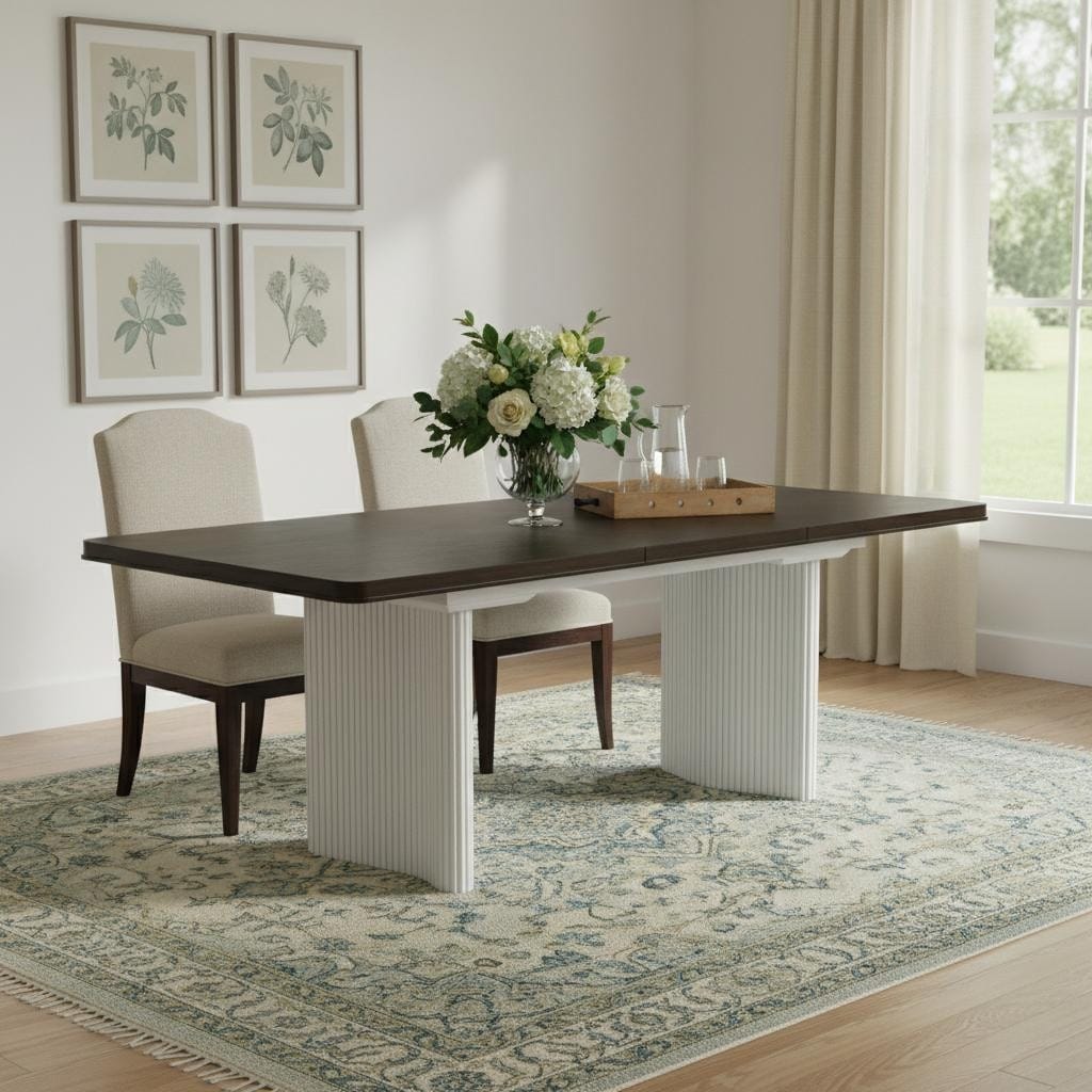 Homeroots 78 Walnut And White Wood Removable Leaf Double Pedestal Base Extendable Dining Table