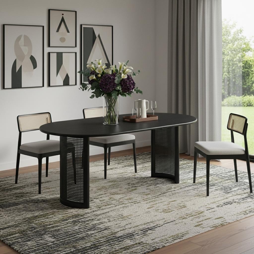 Homeroots 79 Black Solid Wood Double Pedestal Base Oval Dining Table 79.00 In. X 30.00 In. X 33.50 In.